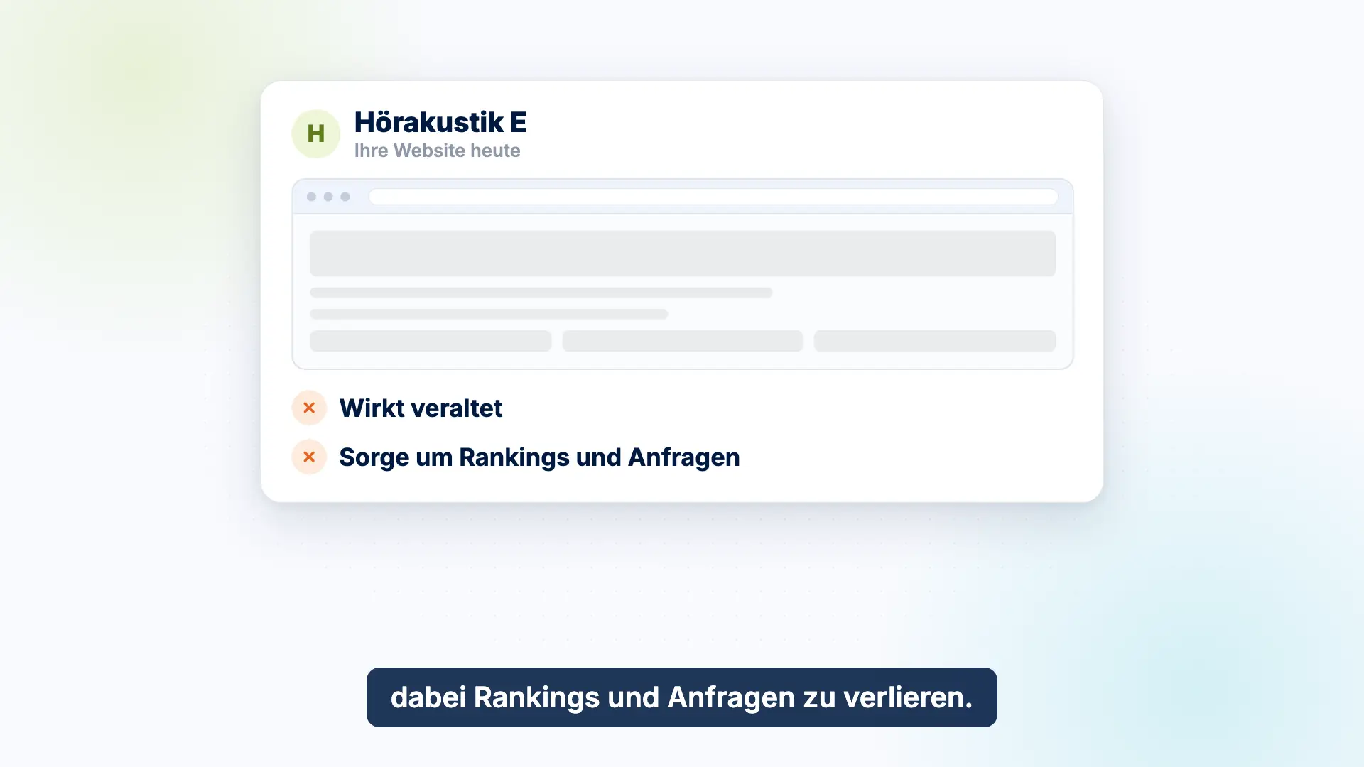 Vorschau des Erklärvideos: Die Website eines Beispiel-Hörakustik-Geschäfts wirkt veraltet, und beim Relaunch drohen Rankings und Anfragen verloren zu gehen.